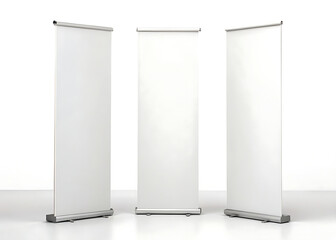 Three blank roll up banner stands isolated on white background, mockup