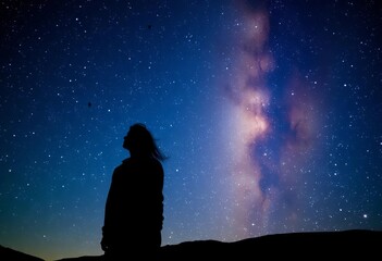Fototapeta premium Silhouette gazing at a vast starry sky, lost in wonder and contemplation of the universe, contemplation, mystery