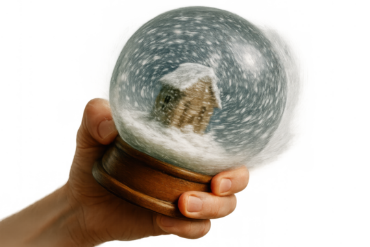 Hand holding a snow globe containing a tiny house, set against a backdrop of swirling snowflakes on a clear surface