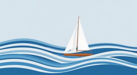 Single sailboat glides across wavy blue ocean under a pale sky