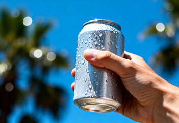 Hand holding a cold aluminum can with water droplets against a blue sky and palm tree