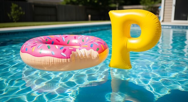 Inflatable donut float and letter p in sunny swimming pool water