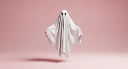 A simple white sheet ghost hovers against a pink background.