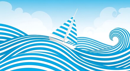 Naklejka premium Stylized sailboat on blue and white striped ocean waves under sky