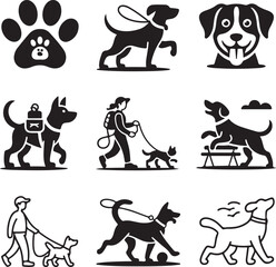 Nine Detailed Pet Walking Service Icons with Transparent Background dog walking pet care