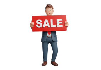 Cartoon businessman holding a sale sign isolated PNG, 3D rendering of a man in a suit with a red sale banner on transparent background