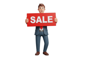 Cartoon businessman holding a sale sign isolated PNG, 3D rendering of a man in a suit with a red sale banner on transparent background