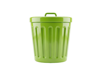 Green metal trash can PNG isolated on transparent background, waste container for recycling and garbage disposal