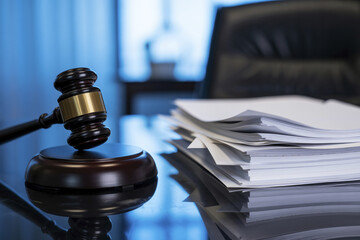 A stack of important papers and a judge's gavel.