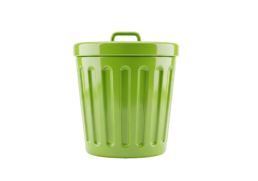 Green metal trash can PNG isolated on transparent background, waste container for recycling and garbage disposal