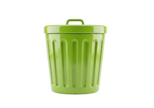 Green metal trash can PNG isolated on transparent background, waste container for recycling and garbage disposal