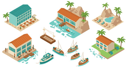 Fototapeta premium Tropical island resort set with cozy beach houses and boats in isometric style