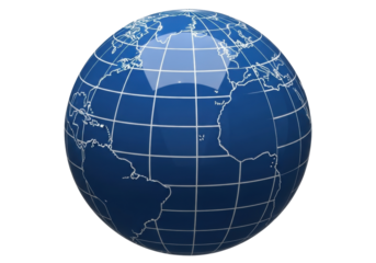 Blue globe with continents and meridians isolated PNG, world map graphic on transparent background for geography and education