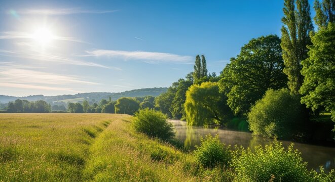 Golden field bathed in sunlight with lush green trees and rolling hills