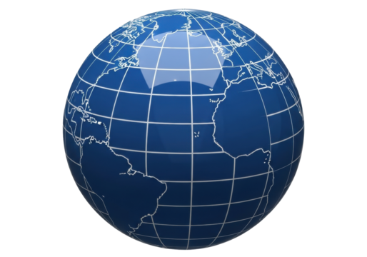 Blue globe with continents and meridians isolated PNG, world map graphic on transparent background for geography and education