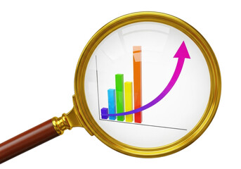 Magnifying glass with colorful bar graph and arrow isolated PNG, business growth and financial analysis concept on transparent background