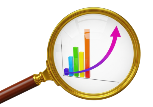 Magnifying glass with colorful bar graph and arrow isolated PNG, business growth and financial analysis concept on transparent background