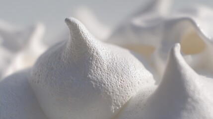 Close-up of delicate white meringue peaks with smooth texture