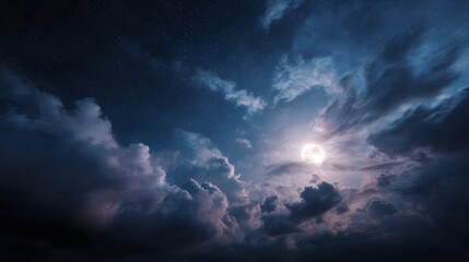 Fototapeta premium Night sky with a bright full moon illuminating colorful ethereal clouds and scattered stars