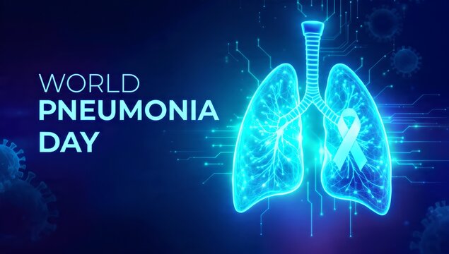 Digital illustration for World Pneumonia Day featuring a glowing blue lung outline with a ribbon and virus particles on a dark background.