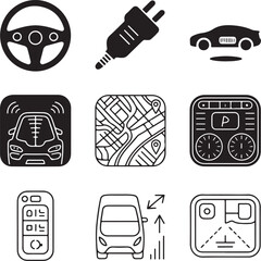 Set of nine detailed smart car feature icons with transparent background technology