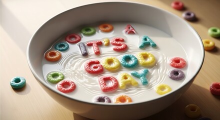 Colorful cereal letters spell 'it's a good day' in milk bowl