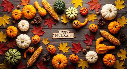 Fall halloween still life with pumpkins, gourds, corn and leaves