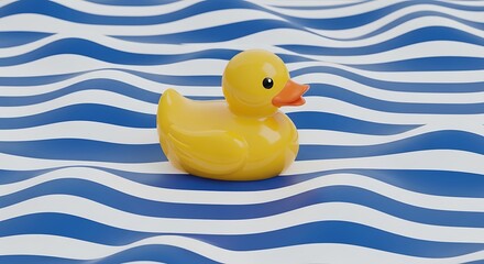 Yellow rubber duck floating on wavy blue and white striped surface