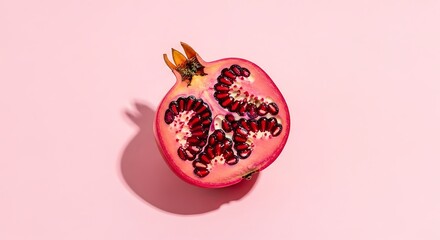 Half pomegranate with red seeds on a pink background with shadow
