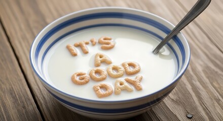 Cereal letters spelling "it's a good day" floating in milk breakfast bowl