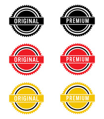 Collection of six circular badges and seals with serrated edges featuring the words original and premium in black red and yellow colors