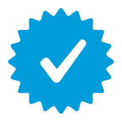 A bright blue starburst shape with a white checkmark symbol in the center representing verification approval and confirmation of authenticity in a digital context