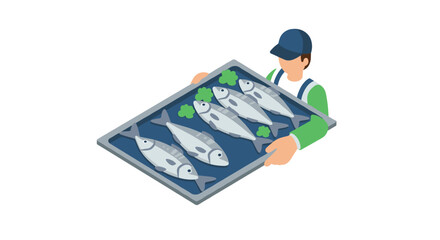 Isometric fish vendor holding tray with fresh seafood and herbs