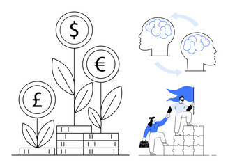 Currency plants grow from stacked coins, two brains linked in an idea exchange, and two leaders climb blocks. Ideal for teamwork, leadership, financial growth, innovation, idea exchange, education