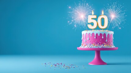 Colorful 50th birthday cake with sparkler candles on blue background