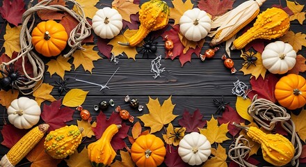 Festive halloween pumpkins and gourds arranged with autumn leaves border