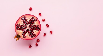 Half cut pomegranate with seeds scattered on a pink background