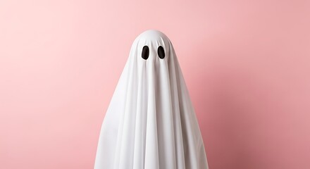 Simple white ghost costume with black eyes against pink background