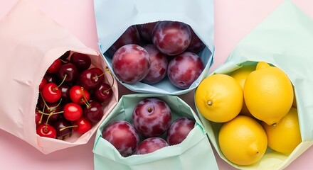 Fresh cherries, plums, and lemons in colorful paper bags