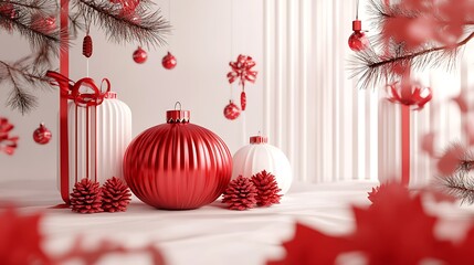 Glossy red decorations on white holiday background 3d render