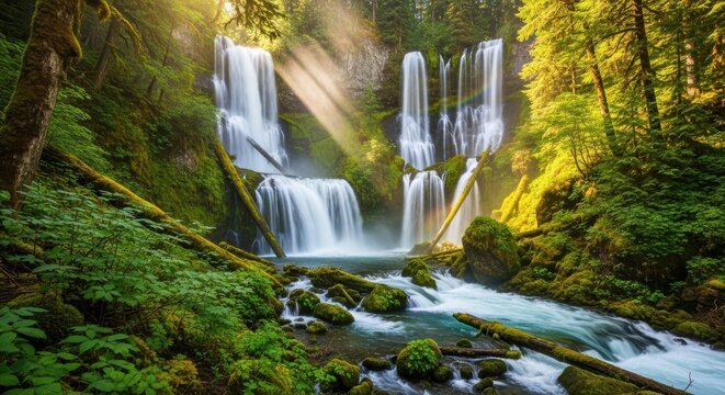 Sunbeams illuminate a lush green forest cascading with multiple waterfalls and a flowing river