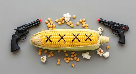 Corn cob with crossed out kernels and guns, symbolizing popcorn danger