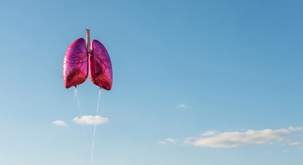 Lungs balloon floating against blue sky symbolizing health and freedom.