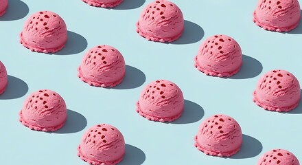 Pink ice cream scoops with dark seeds pattern on a blue background