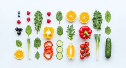 Arrangement of fresh fruits and vegetables on a white background, top view