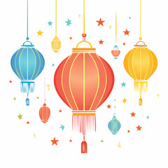 Vibrant Hanging Lanterns in Bright Blue, Red, and Yellow with Tassels and Stars in a Festive Scene