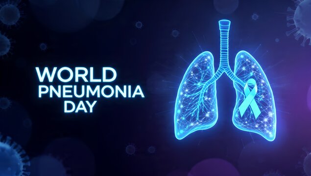 Digital illustration for World Pneumonia Day featuring a glowing blue lung outline with a ribbon and virus particles on a dark background.