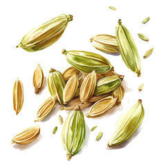 minimal yet artistic elements for creative designs. hand-drawn paint, Simple Illustration, A beautiful painting of fennel seeds set, EPS format, isolated on a white background, watercolor style