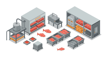 Obraz premium Isometric meat and fish processing facility with equipment and products displayed