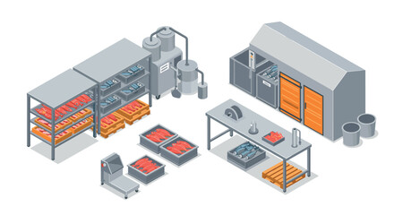 Obraz premium Isometric factory interior with meat processing equipment and storage
